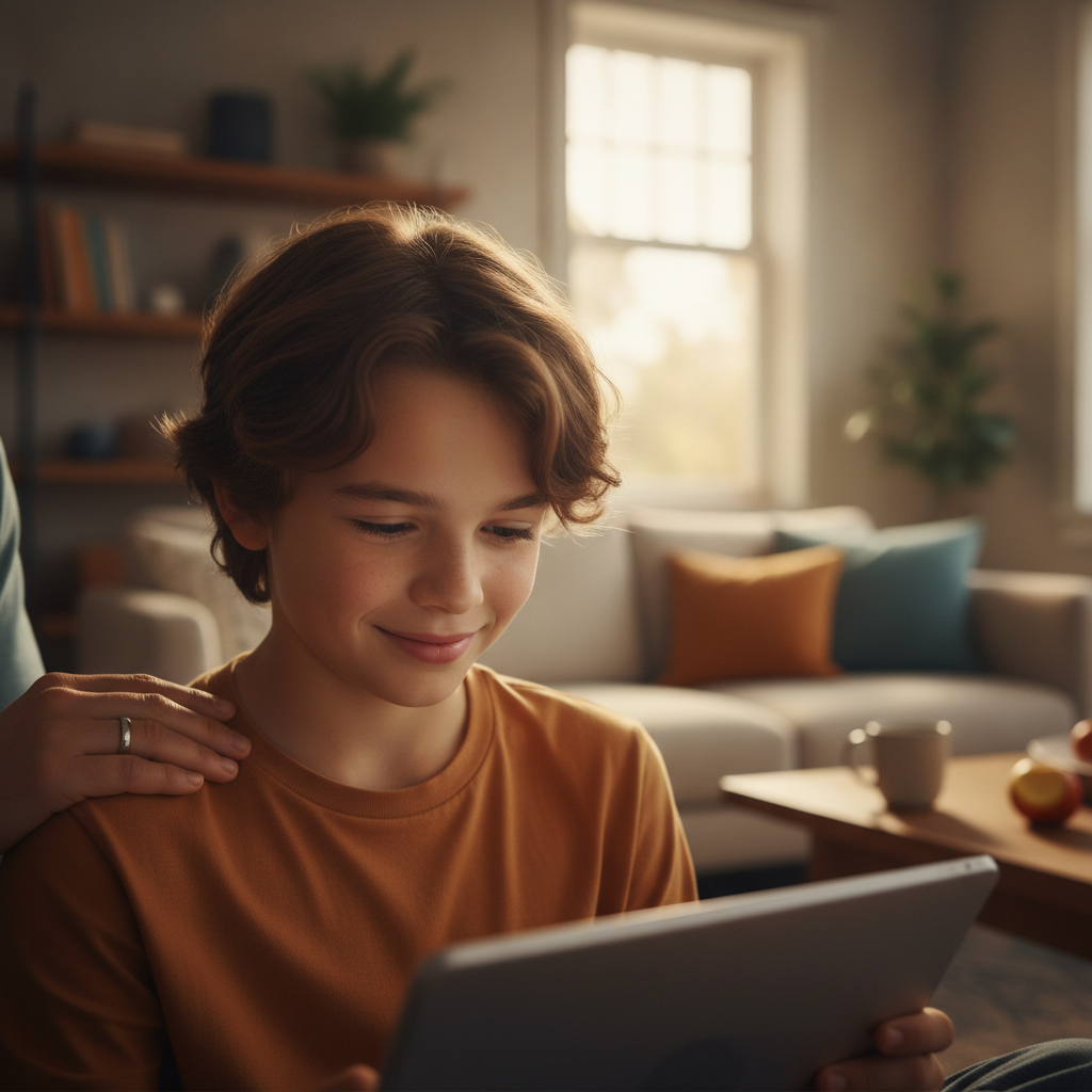 A child with ADHD engaged in focused screen time, with a parent's hand nearby.