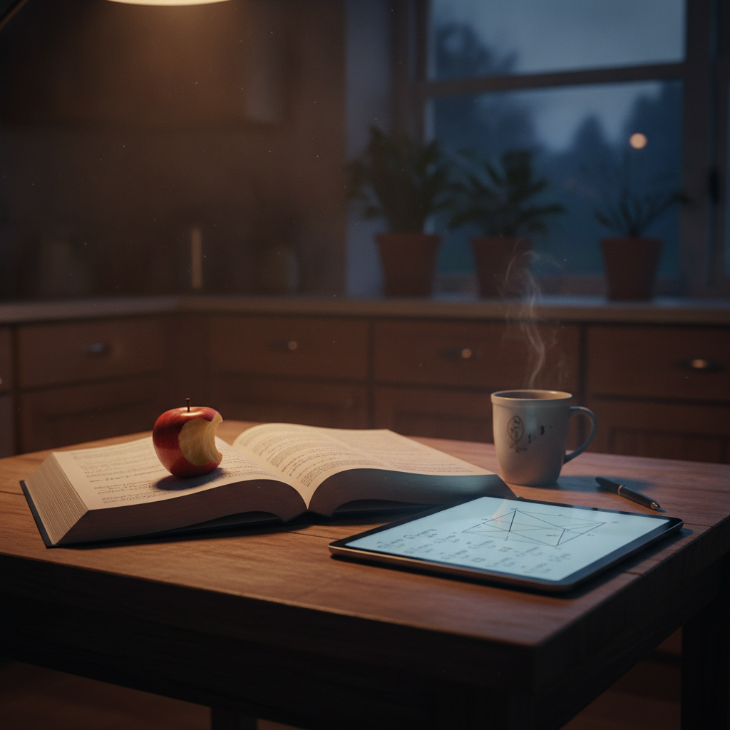 Kitchen table with textbook, tablet showing maths, and a snack, symbolizing modern learning methods.