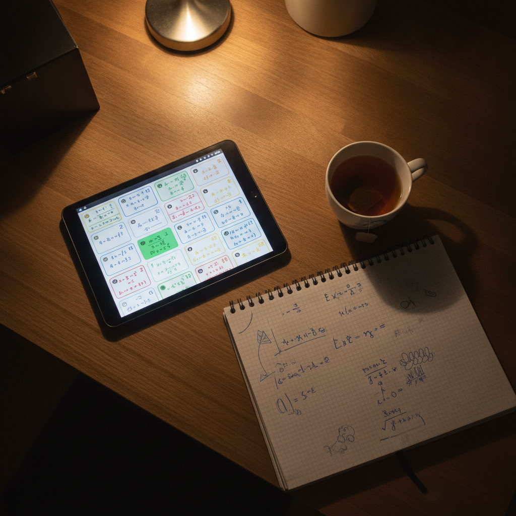 A tablet with maths practice open beside a notebook on a kitchen table at night