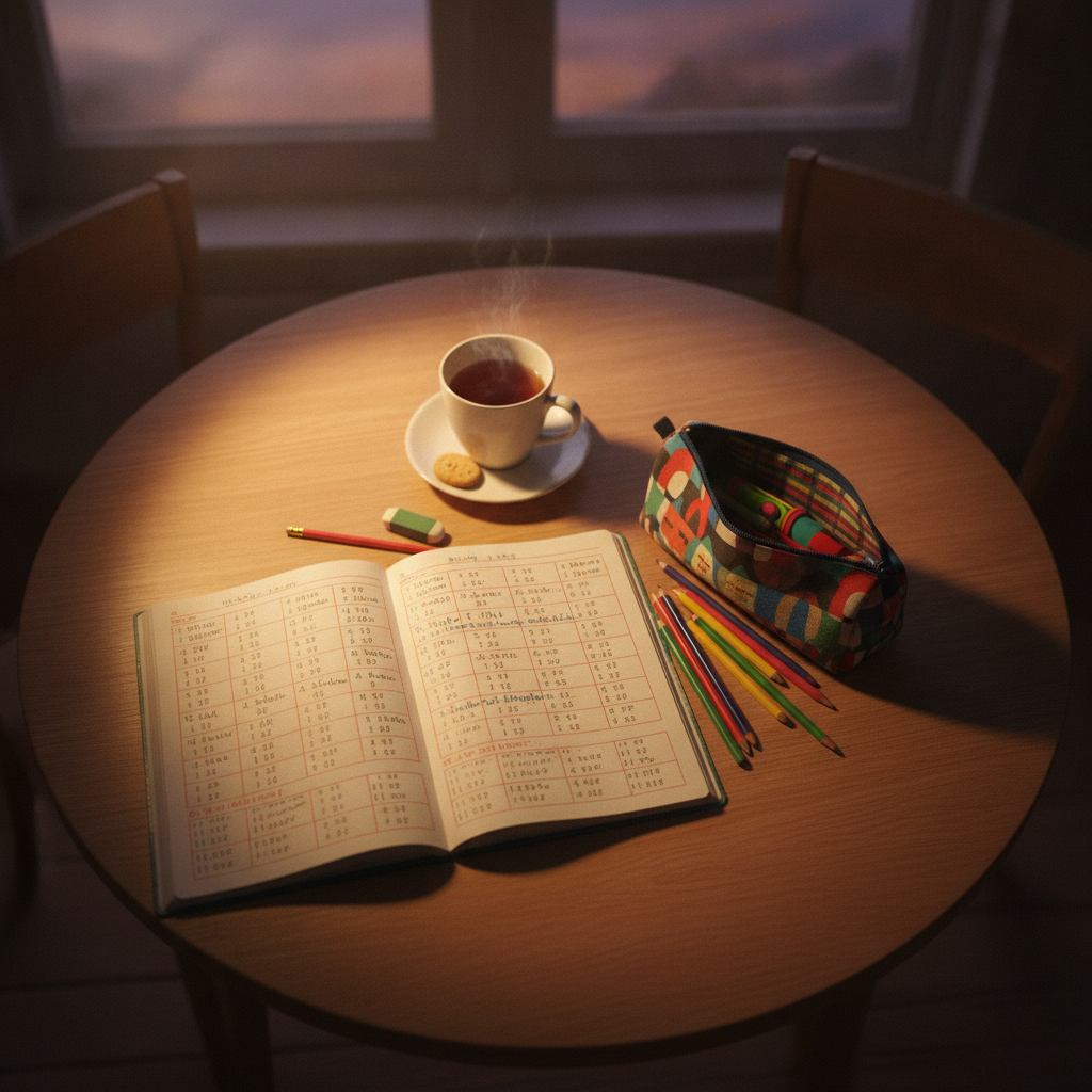 Kitchen table with an open maths exercise book and pencil under warm lamp light