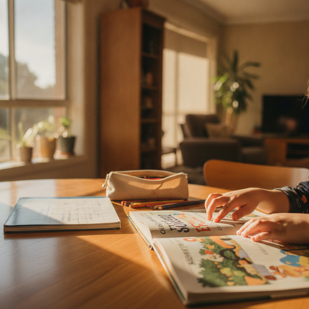 A child's hand tracing under text in a book at a sunlit kitchen table