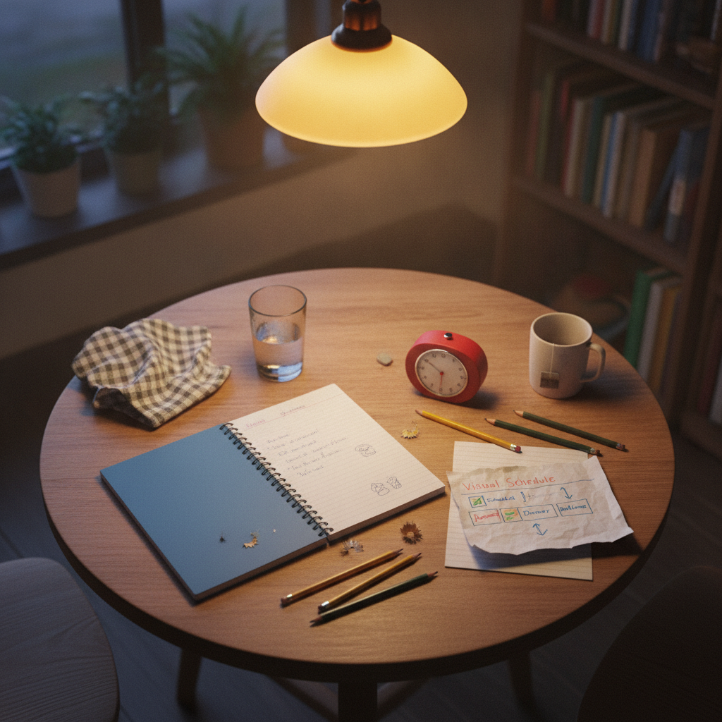 A homework notebook and visual schedule on a lamp-lit kitchen table at dusk
