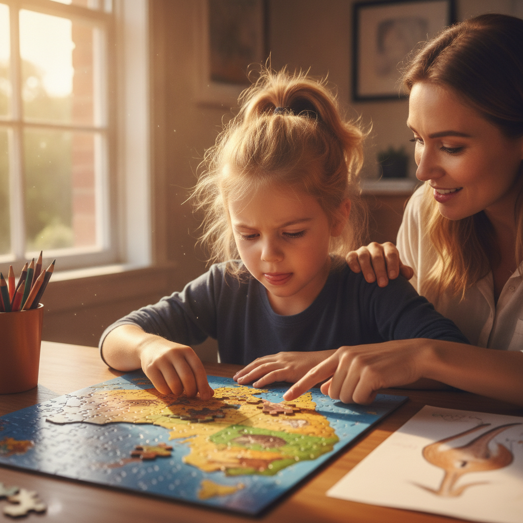An Australian primary-school-aged child concentrating hard while persisting through a difficult puzzle at a home desk, a parent quietly nearby offering calm encouragement