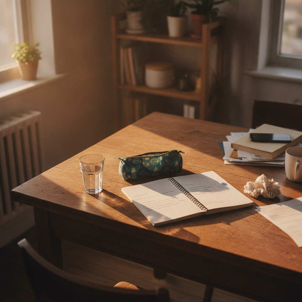 A cluttered kitchen table set up for homework, phone tucked away on a shelf in the background