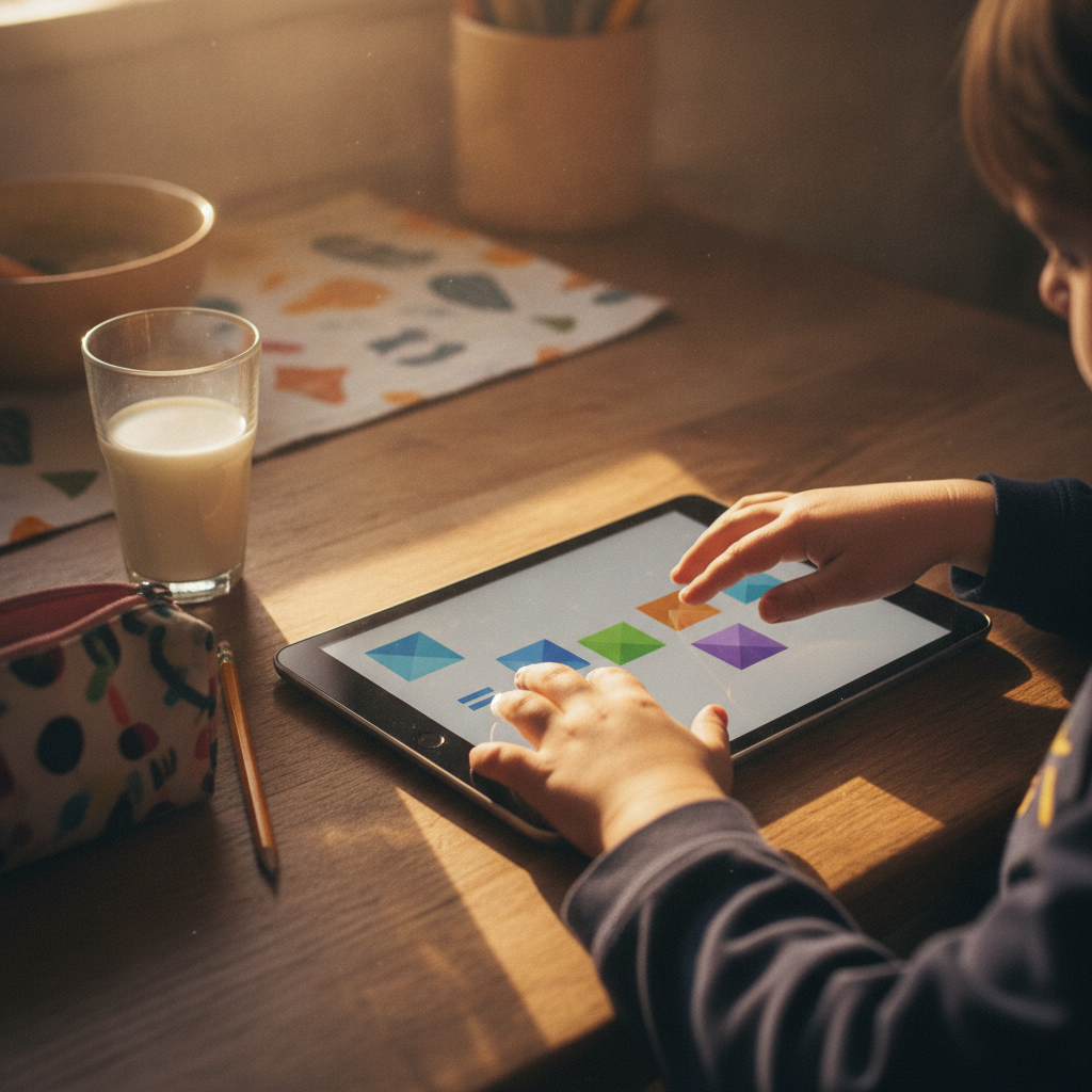 Child's hands solving a maths problem on a tablet at a kitchen table in the evening