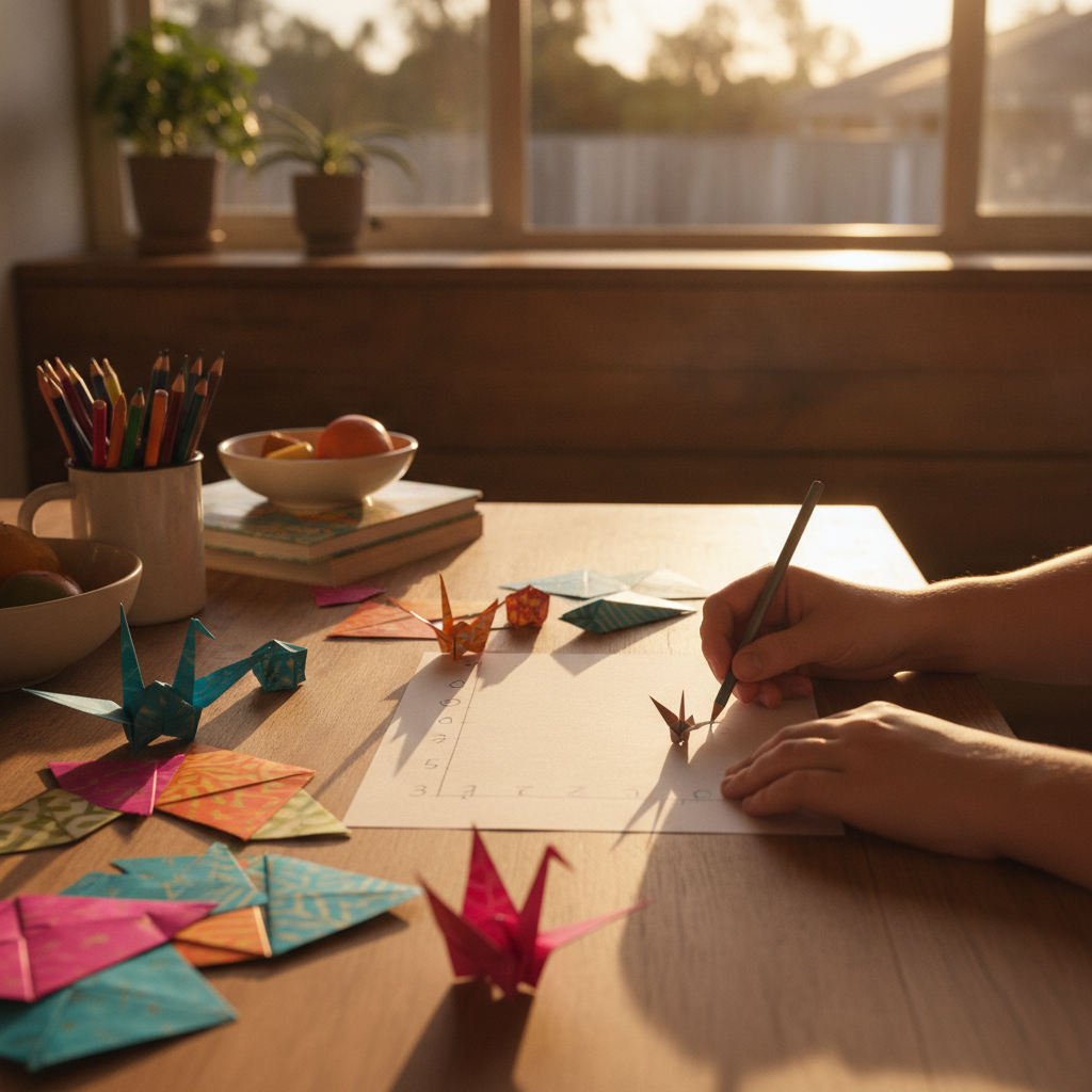 A parent and child's hands folding coloured paper strips at a kitchen table.