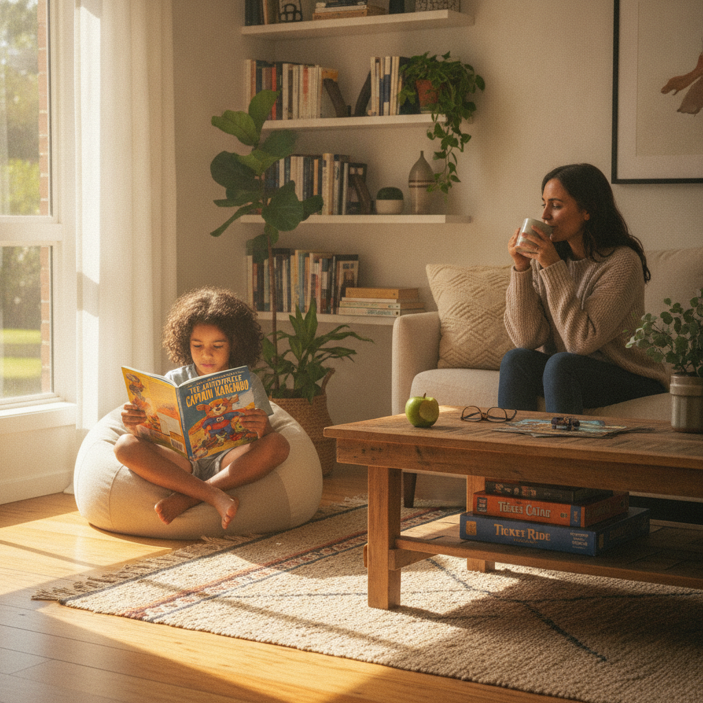 Child reading a graphic novel in a cosy living room, parent nearby.