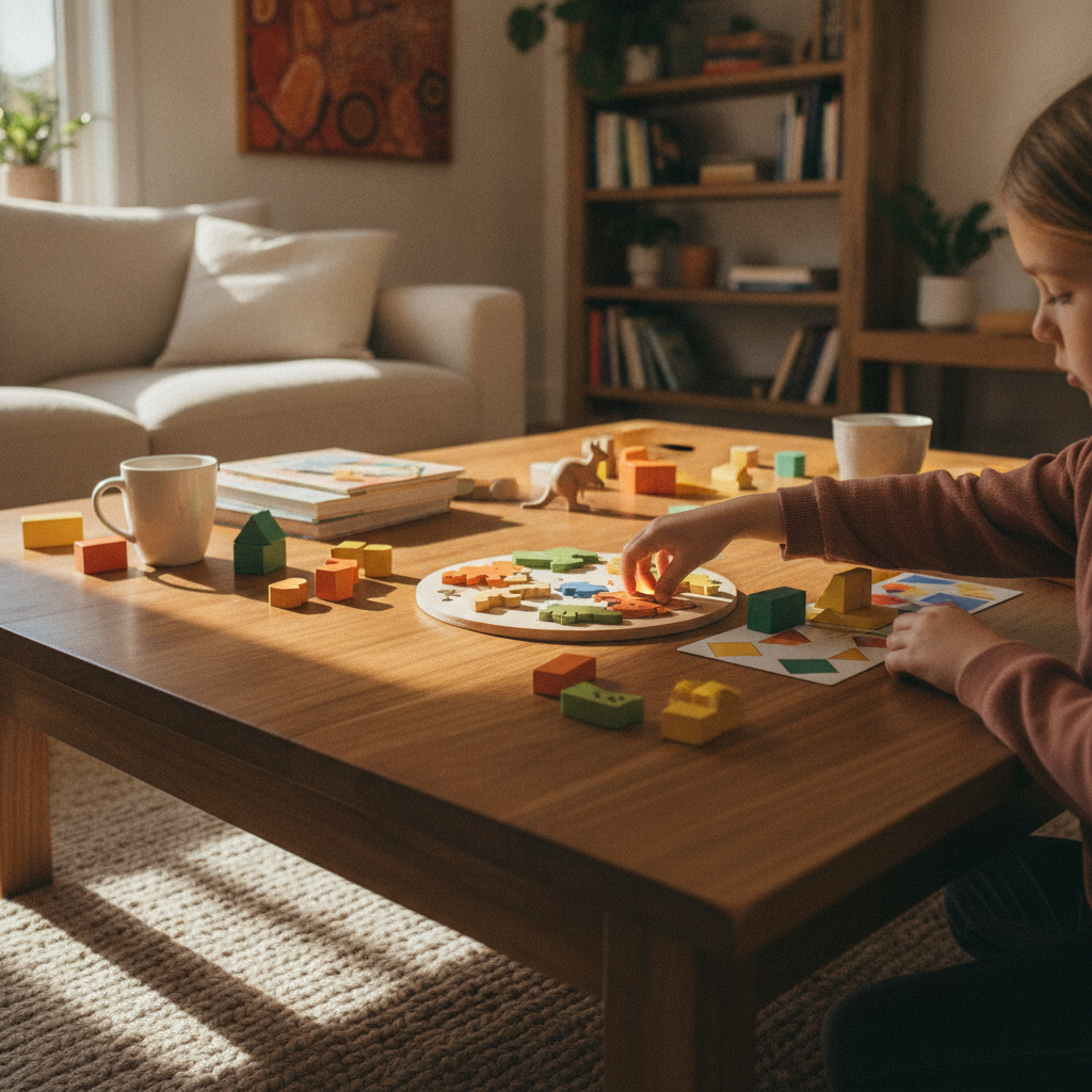 A child's hands arranging wooden puzzle pieces on a table during a logic game.