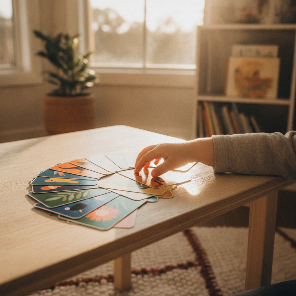 Colorful flashcards fanned out on a table with a child's hand picking one up.