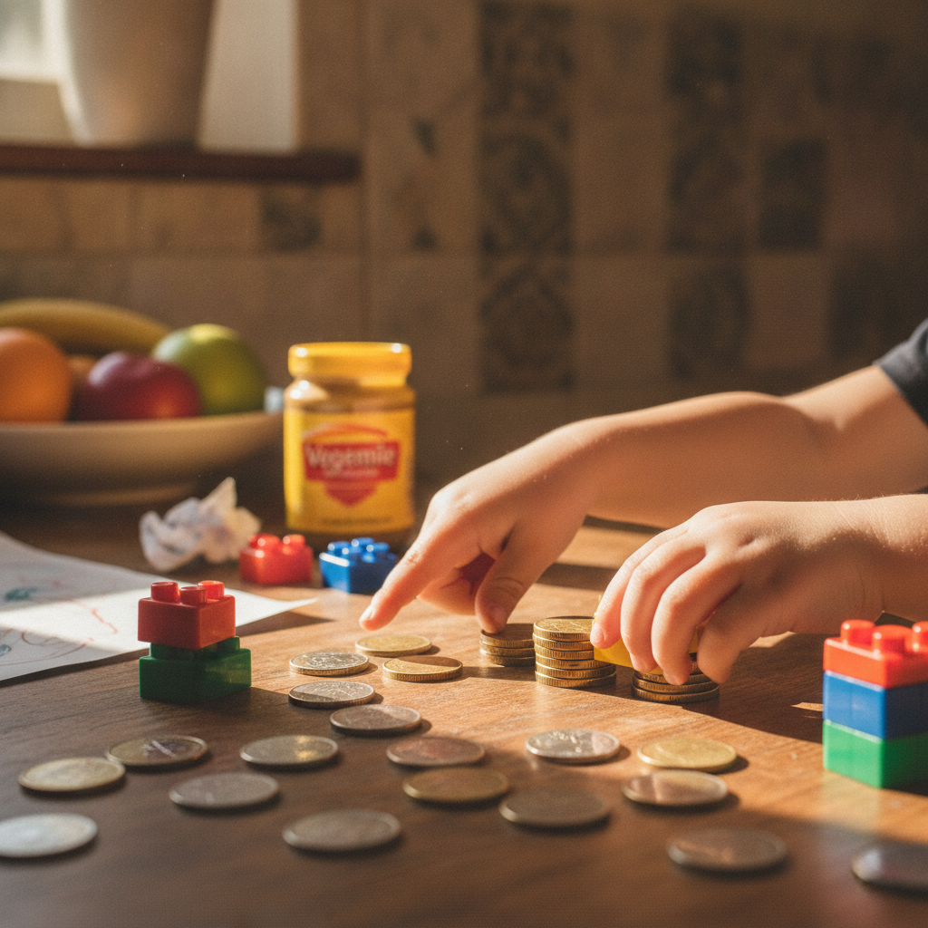 A child's hands counting coins and building blocks on a kitchen table.