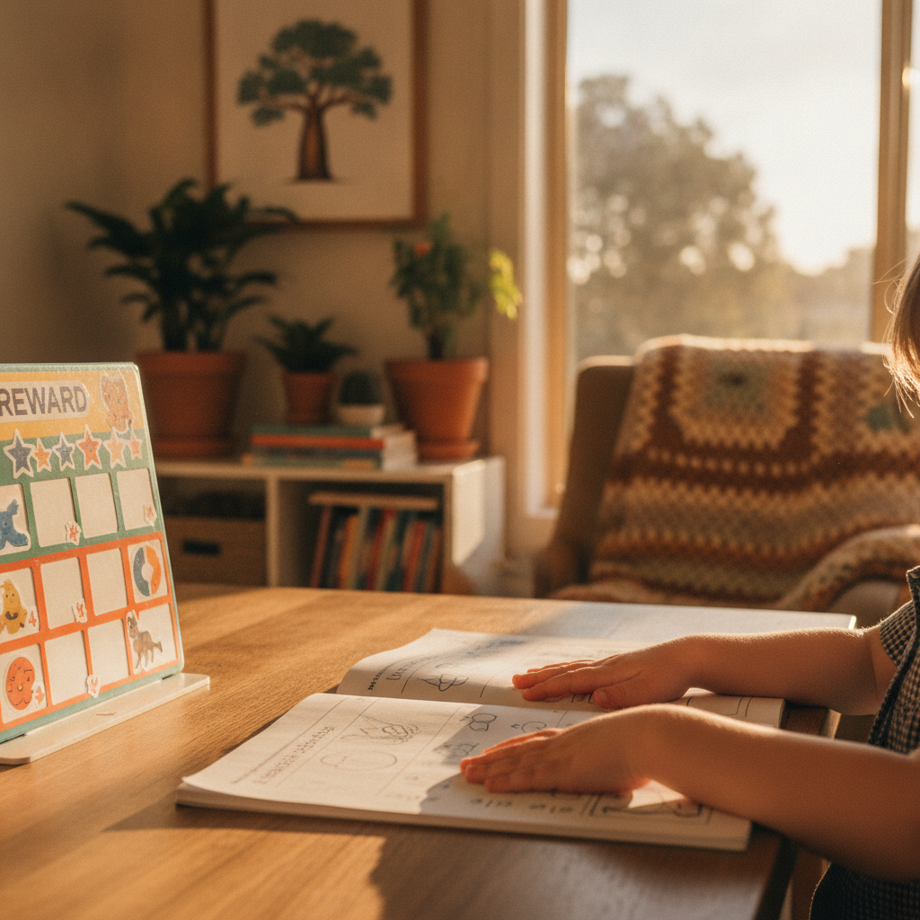 A child's hands resting on an open homework book beside a small reward sticker chart.
