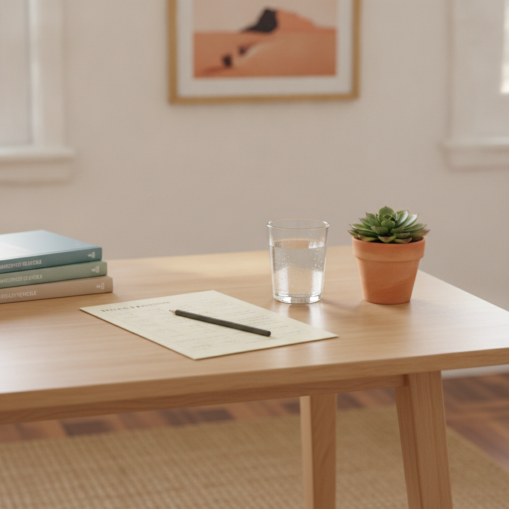 A calm study corner with a pencil on a practice worksheet, a glass of water, and a small potted succulent.