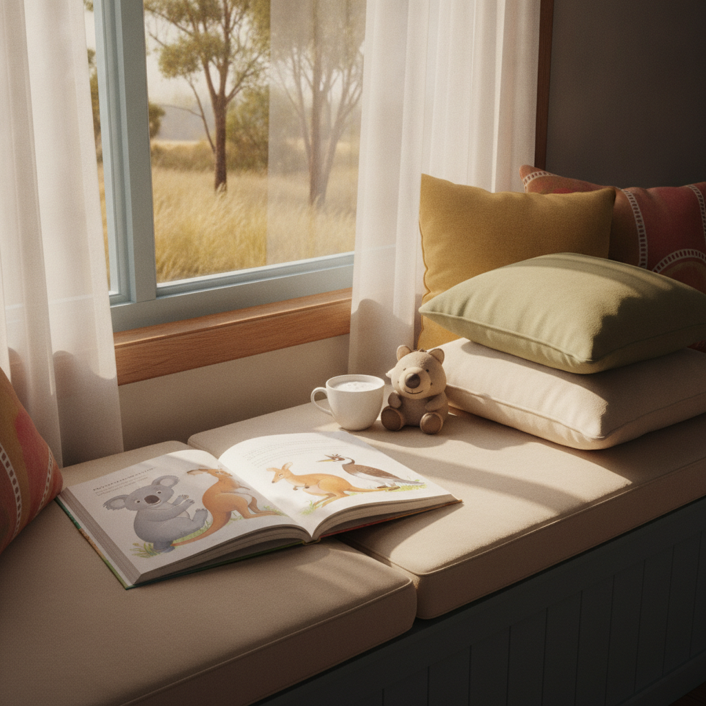 A children's storybook open on a sunlit window seat with a small stuffed toy nearby.