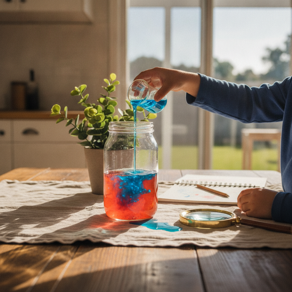 A child's hands pouring colored liquid into a jar during a simple kitchen science experiment.