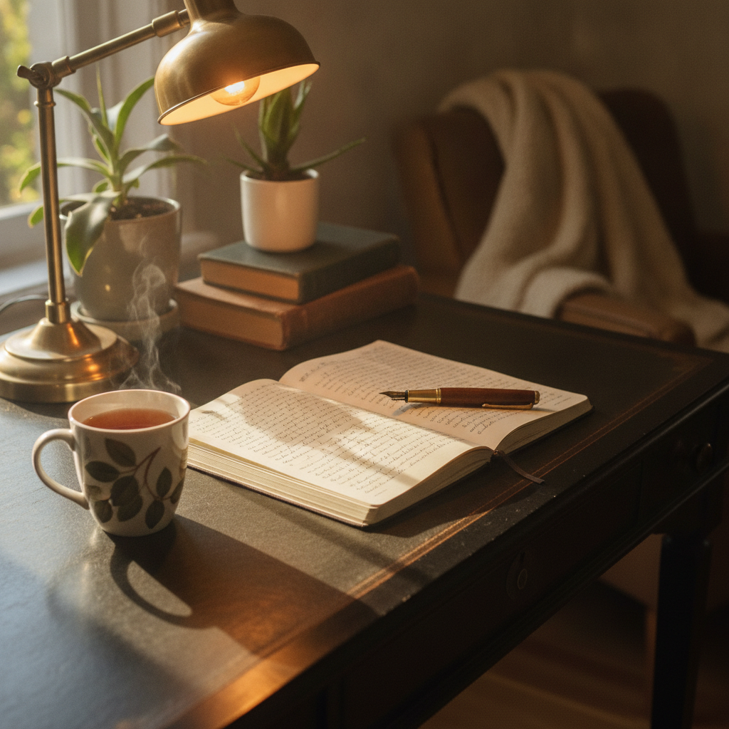 An open journal with handwriting on a wooden desk beside a cup of tea.