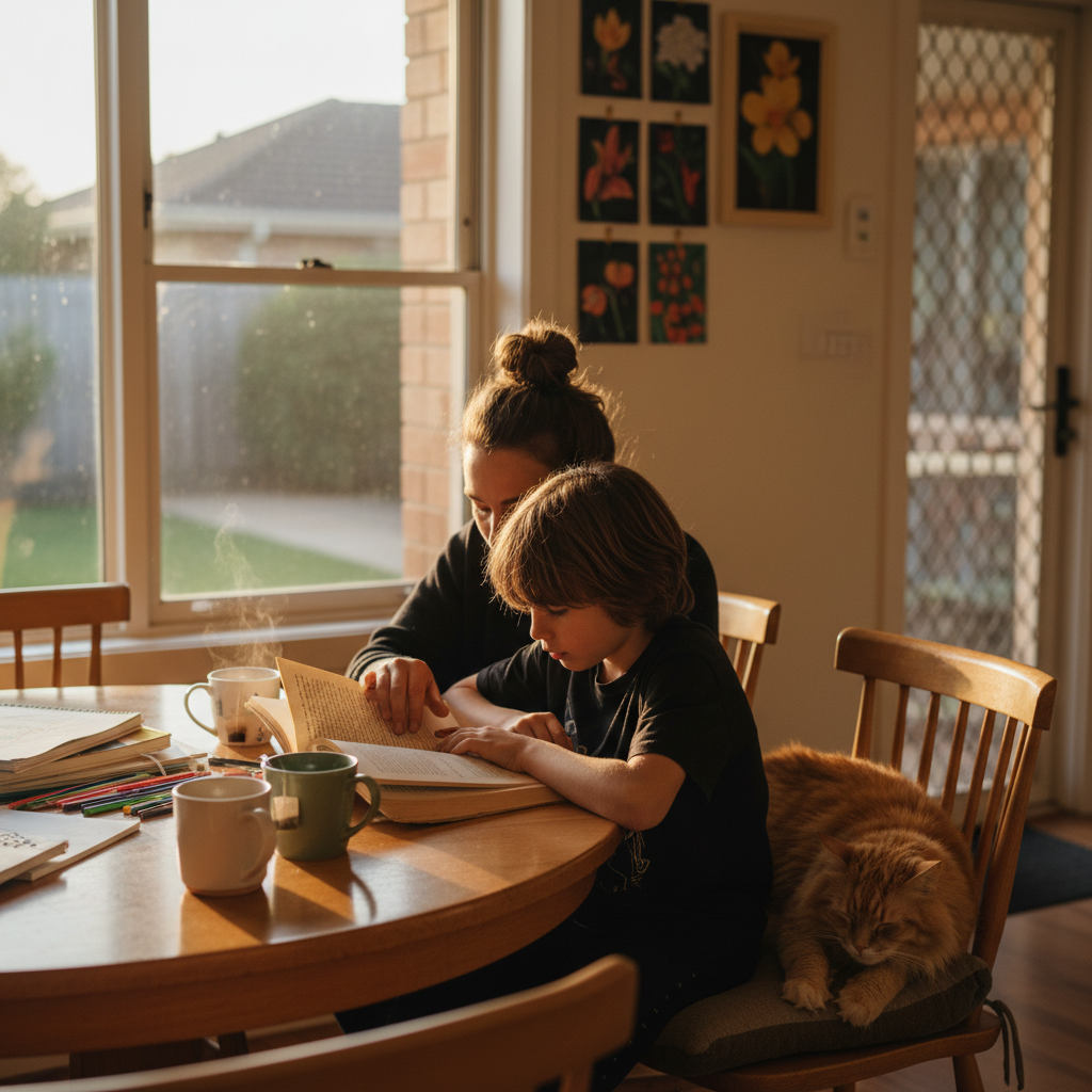 Parent and older child reading a chapter book together at a cozy kitchen table.