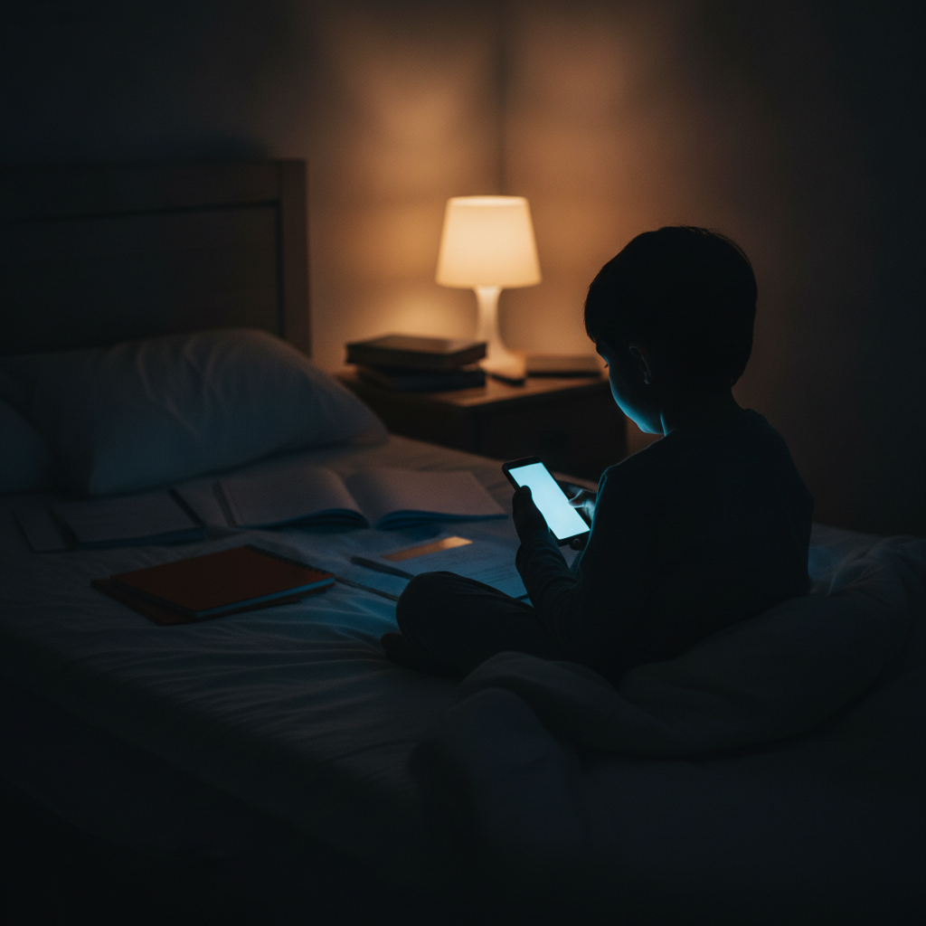Child sitting up in bed at night lit by the glow of a phone screen