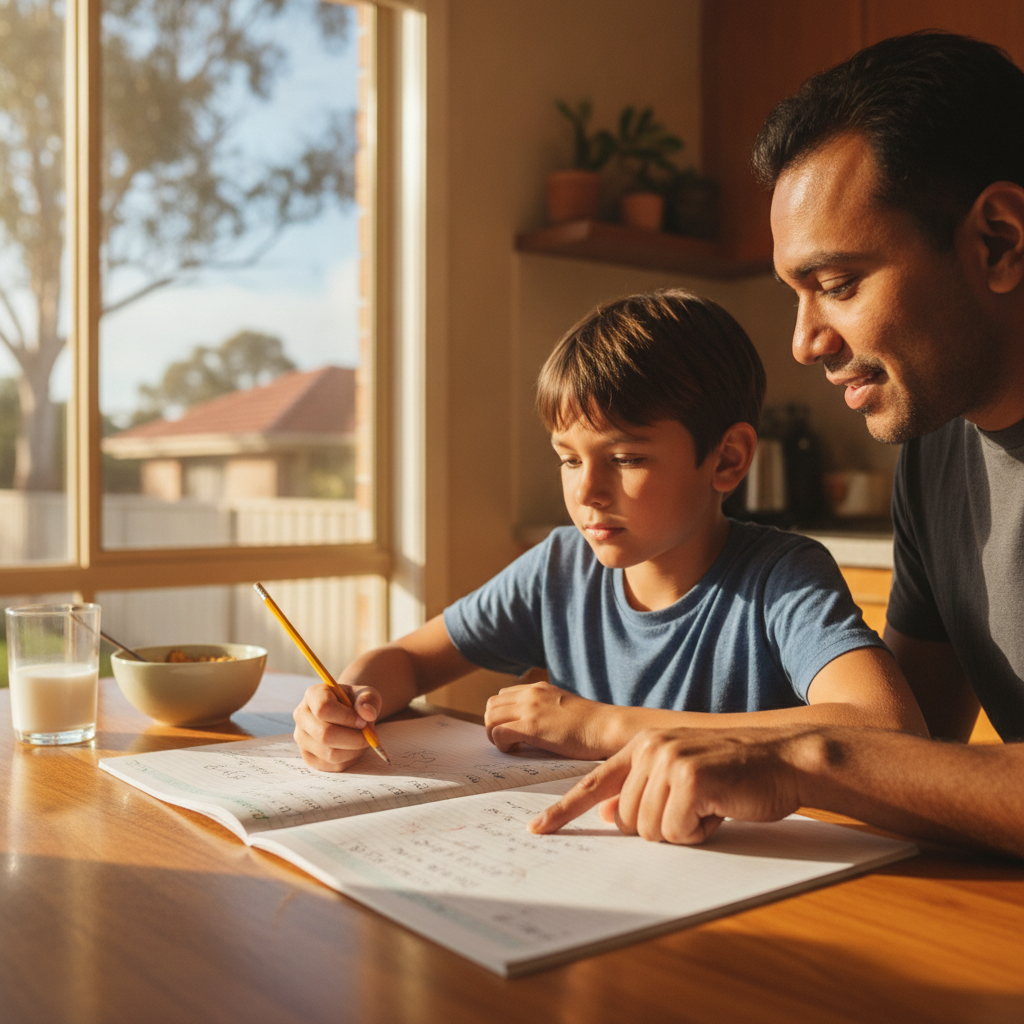 Parent and child at a kitchen table, looking at a spelling worksheet together.