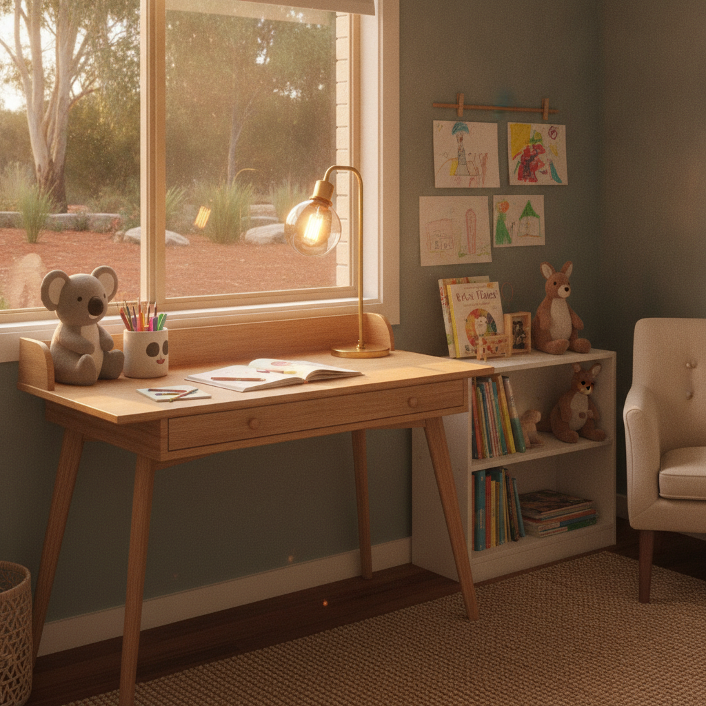 A cozy children's study desk by a window with books, a lamp, and a koala toy in a warm Australian home.
