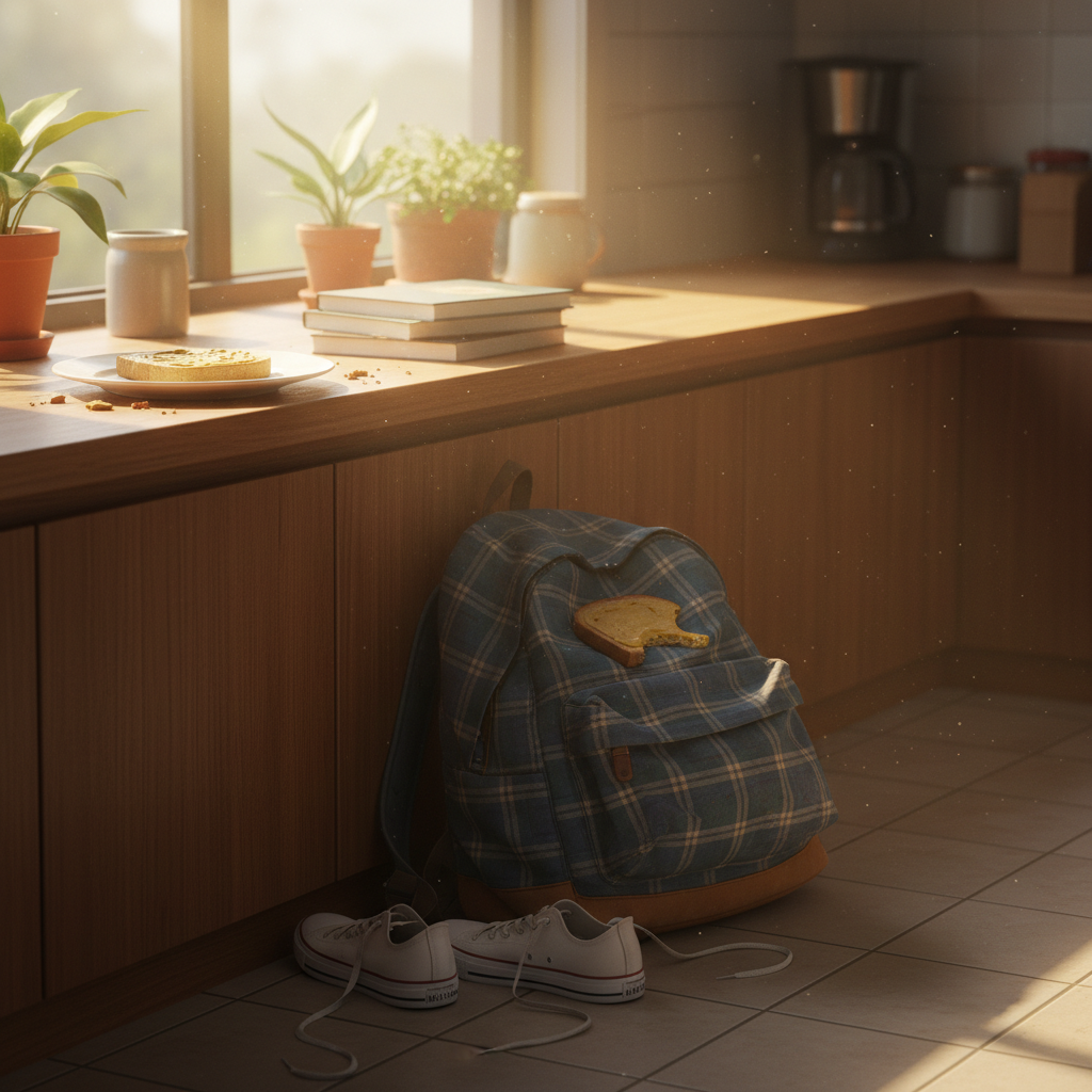 A school backpack and sneakers next to breakfast on a kitchen counter in the morning sun.