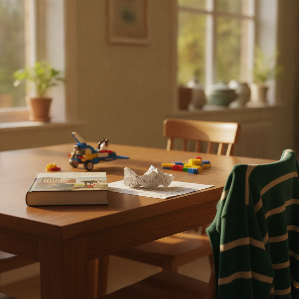 A thick novel and a Lego build sit next to a crumpled, scribbled-on handwriting worksheet on a sunlit kitchen table