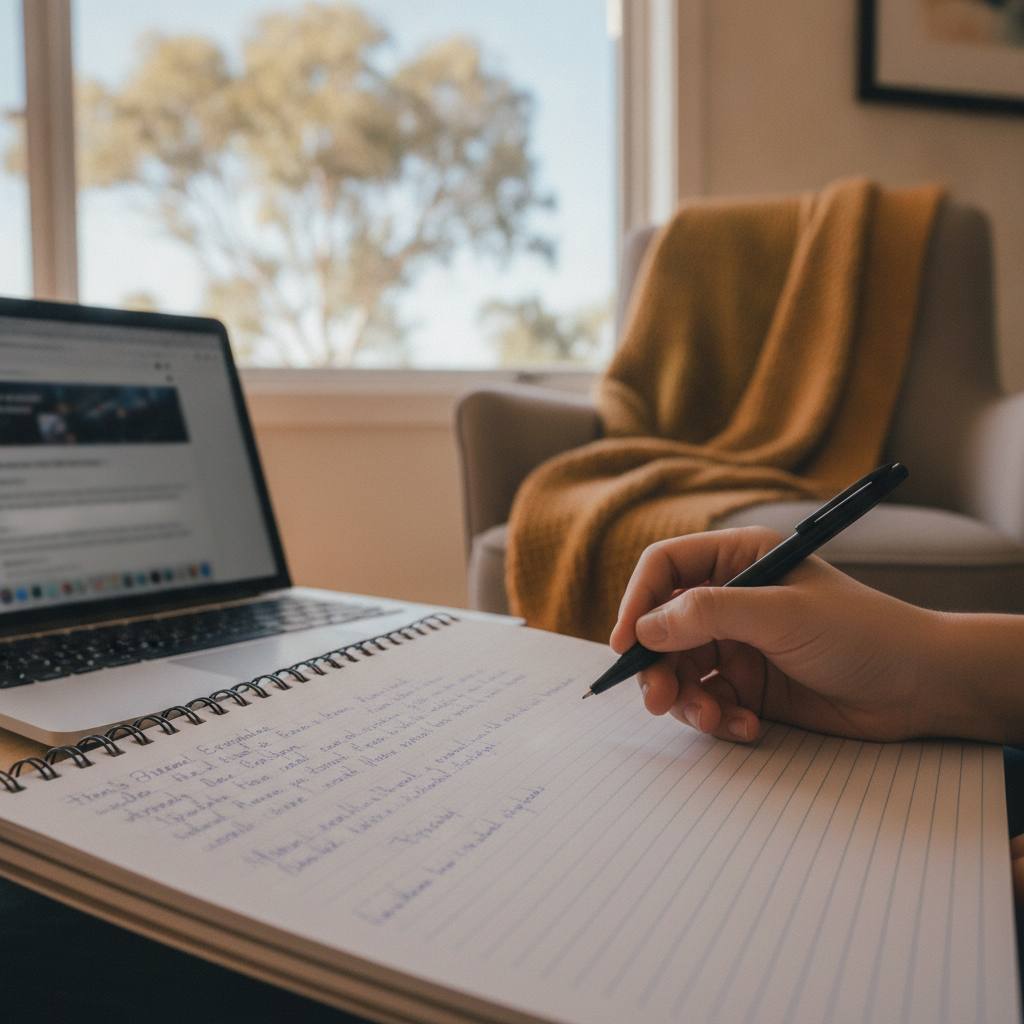 A student's hands on a notebook, pen poised, laptop nearby in a warm, natural light setting.