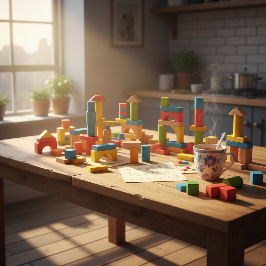 Wooden blocks and maths papers on a sunlit kitchen table