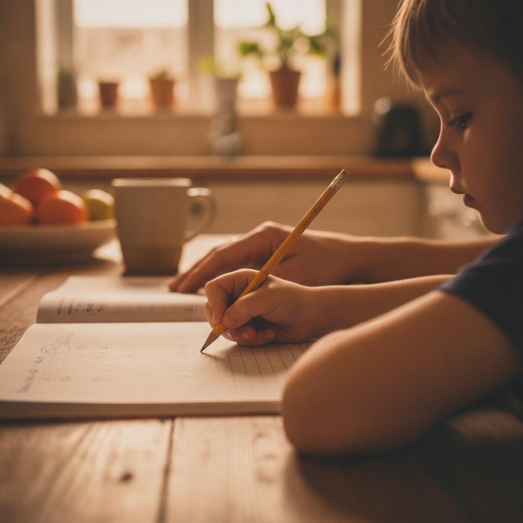 Child's hand with pencil over maths workbook, parent's hand nearby, suggesting thoughtful struggle.
