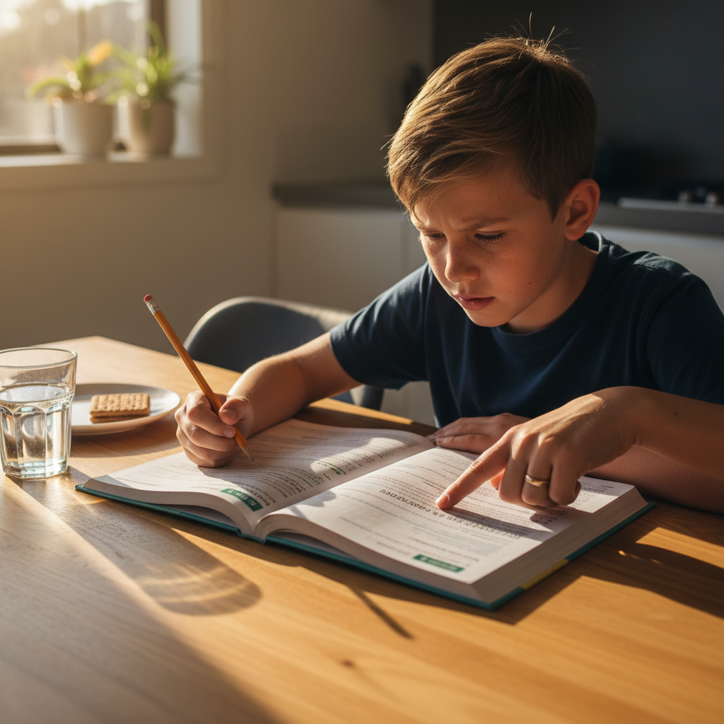 Parent and Year 7 child at kitchen table, child looking puzzled at a maths textbook.