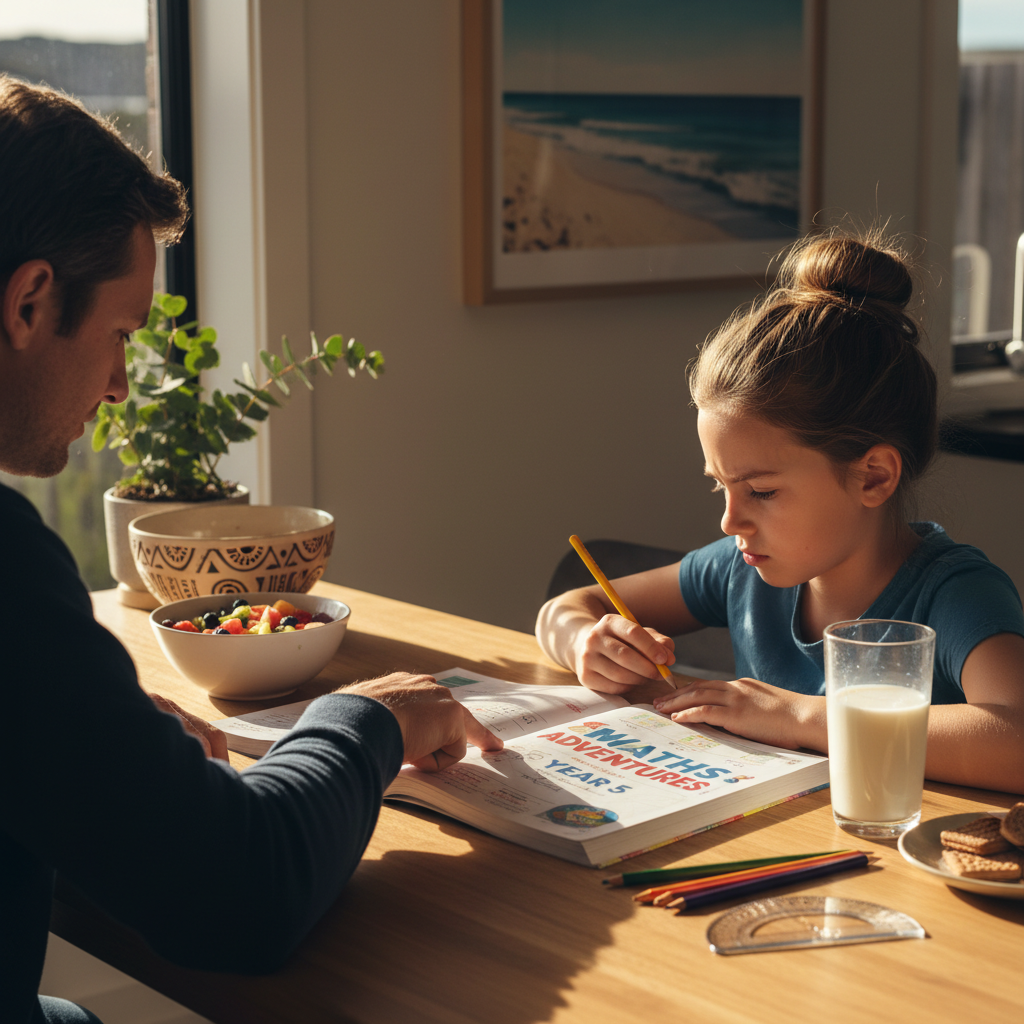 A parent and child at a kitchen table, looking at a maths textbook, with a thoughtful expression on the child's face.