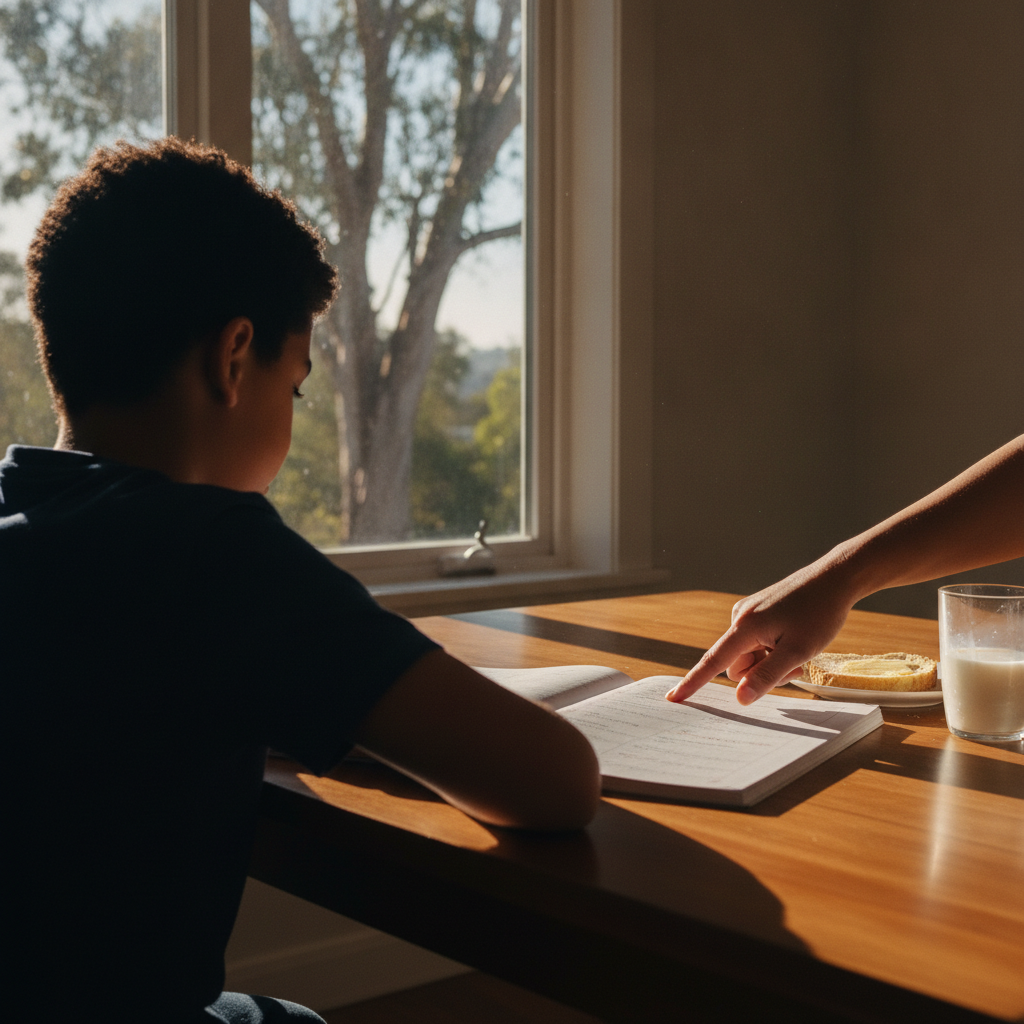 Child and parent at kitchen table, working through a maths word problem in a workbook.