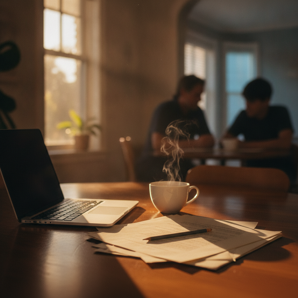 A printed essay draft and laptop on a kitchen table in warm evening light